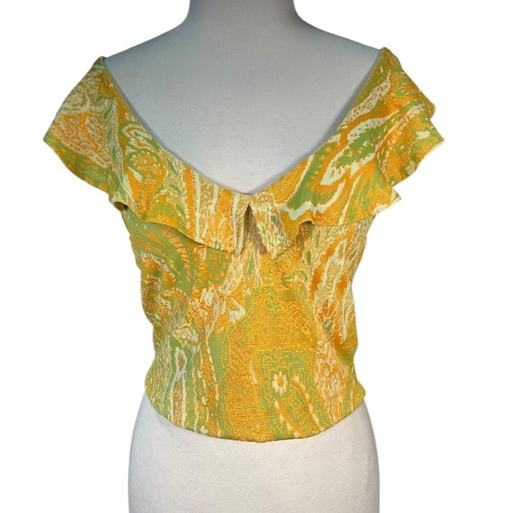 Zara Yellow Green Paisley Ruffle Crop Top Coastal Large Off Shoulder Stretch Y2K